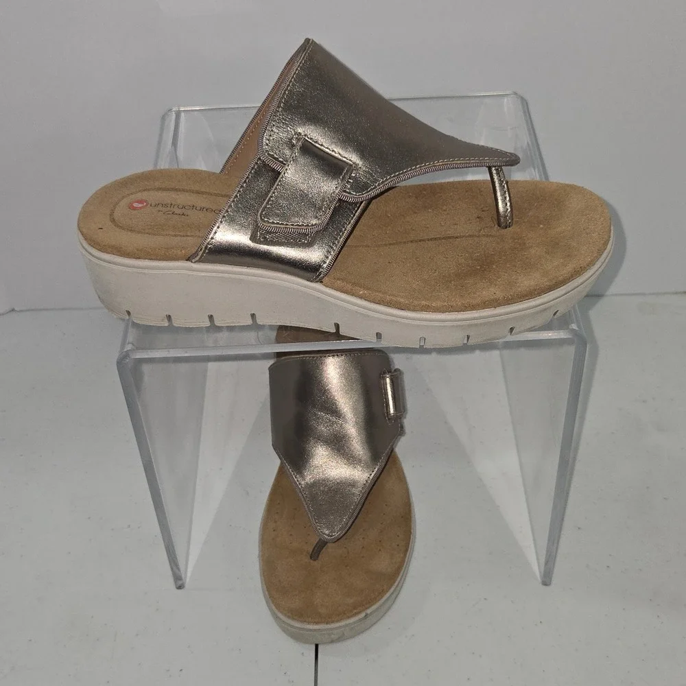 Clarks Unstructured Un Adorn Lane Pewter Leather Wedge Sandals Womens 6.5